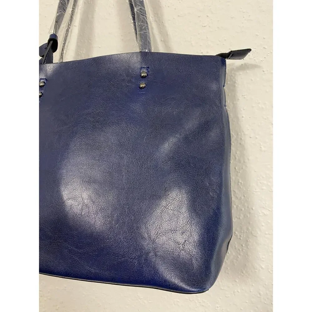 Y2K Womens Blue Colored Tote Handbag Convertible Crossbody Silver Faux Leather